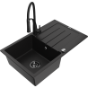 Mexen Bruno granite sink 1-bowl with drainer and Aster kitchen tap, black - 6513-77-73450-70-B
