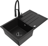 Mexen Bruno 1-bowl granite sink with drainer and Aster kitchen faucet, black - 6513-77-73450-70-B