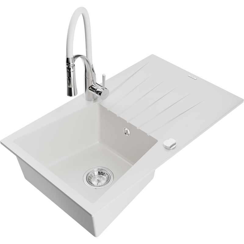 Mexen Cesar 1-bowl granite sink with drainer and Aster kitchen faucet, white - 6514-20-73450-02
