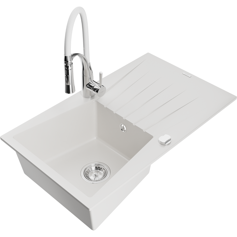 Mexen Cesar 1-compartment granite sink with a drip tray and kitchen mixer tap Aster, White - 6514-20-73450-02