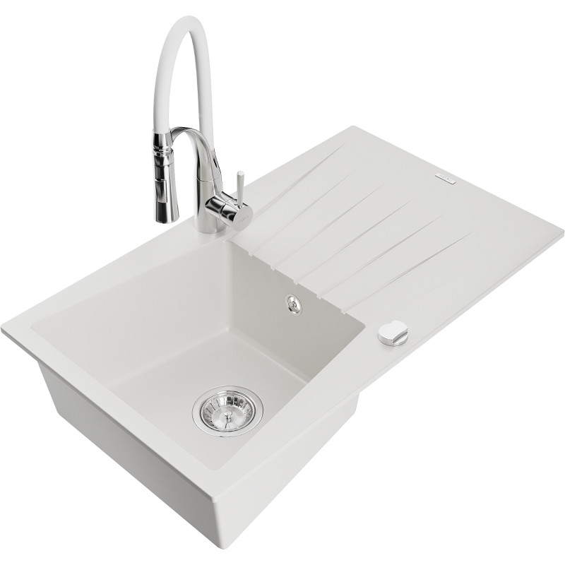 Mexen Cesar granite kitchen sink 1-bowl with drainer and Aster kitchen faucet, white - 6514-20-73450-02