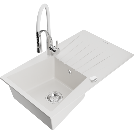 Mexen Cesar 1-bowl granite sink with drainer and Aster kitchen faucet, white - 6514-20-73450-02