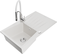 Mexen Cesar granite kitchen sink 1-bowl with drainer and Aster kitchen faucet, white - 6514-20-73450-02