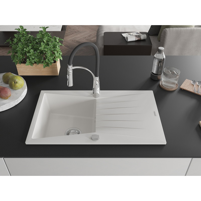 Mexen Cesar 1-Bowl Granite Kitchen Sink with Drainboard and Aster Kitchen Faucet, White - 6514-20-73450-07