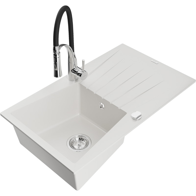 Mexen Cesar granite single-bowl sink with drainer and Aster kitchen faucet, white - 6514-20-73450-07
