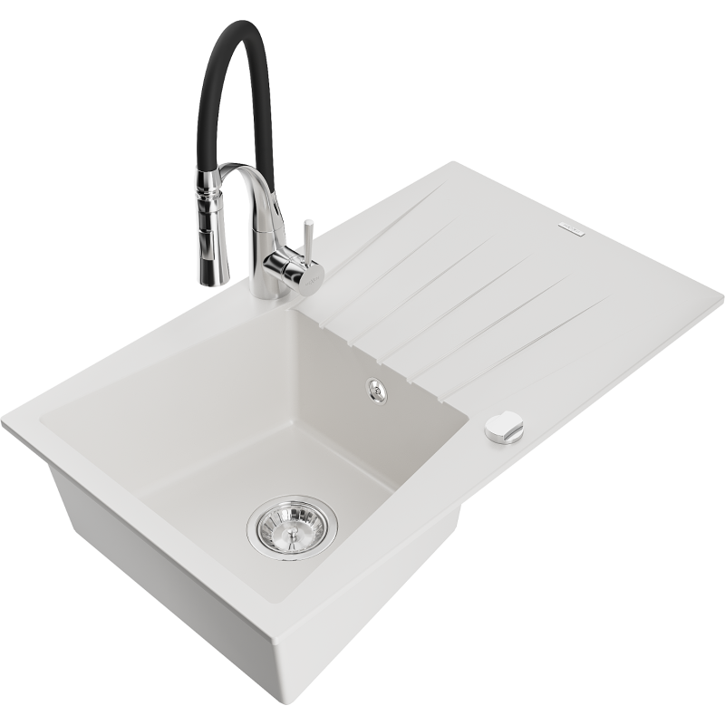 Mexen Cesar granite sink 1-bowl with drainer and kitchen tap Aster, white - 6514-20-73450-07