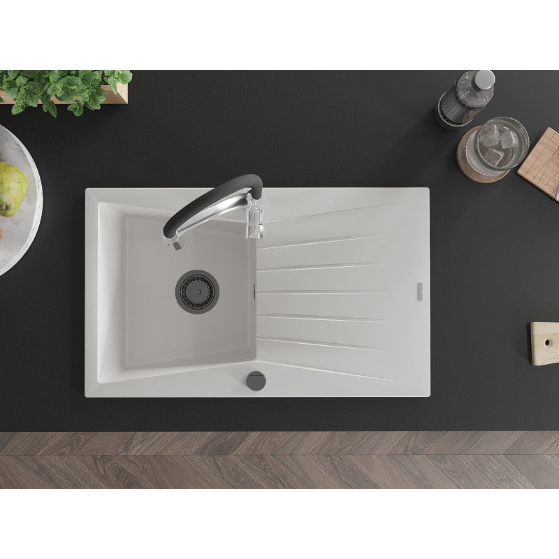Mexen Cesar 1-bowl granite sink with drainer and Aster kitchen tap, white - 6514-20-73450-07-B