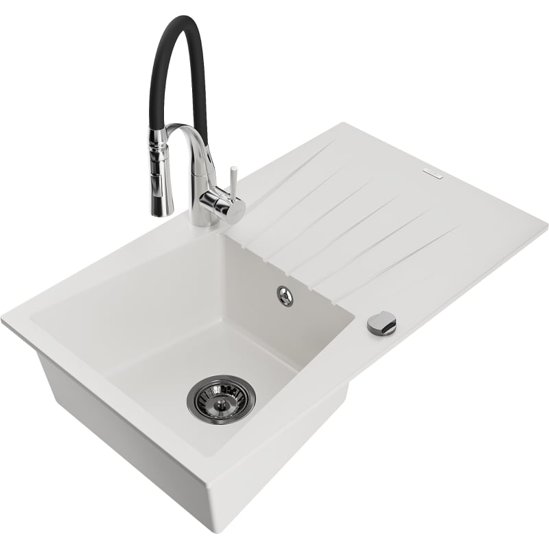 Mexen Cesar 1-bowl granite sink with drainer and Aster kitchen faucet, white - 6514-20-73450-07-B