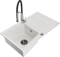 Mexen Cesar 1-bowl granite sink with drainer and Aster kitchen tap, white - 6514-20-73450-07-B