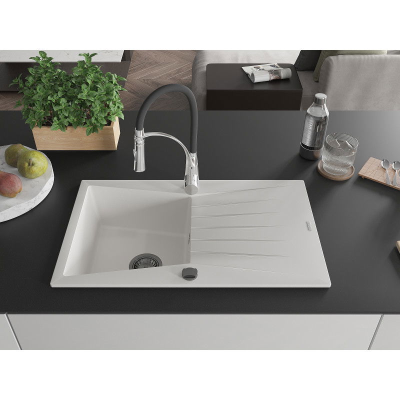 Mexen Cesar 1-bowl granite sink with drainer and Aster kitchen tap, white - 6514-20-73450-07-B