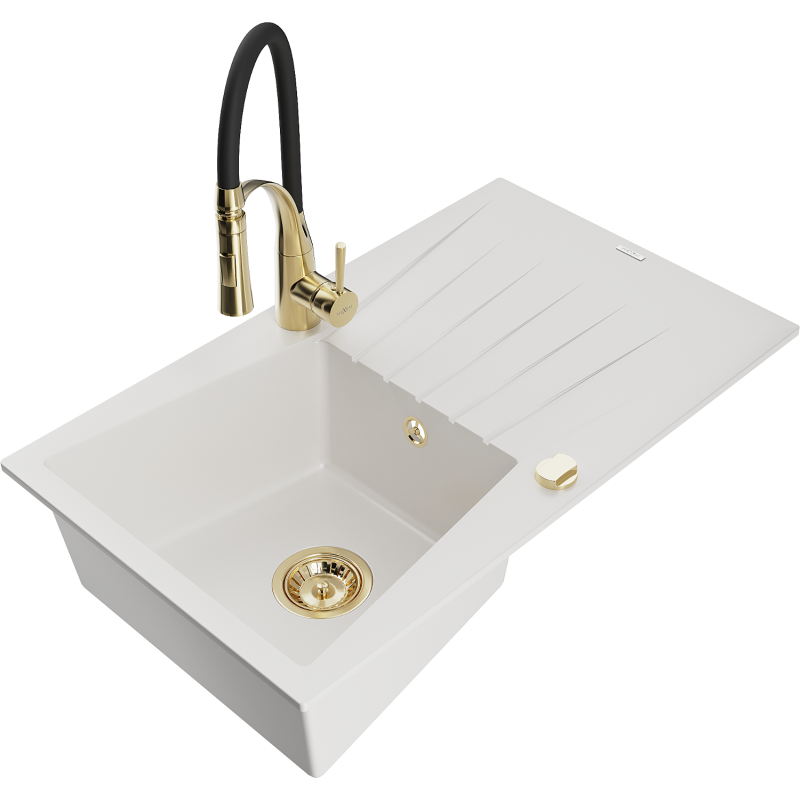 Mexen Cesar 1-compartment granite sink with a drip tray and kitchen mixer tap Aster, White - 6514-20-73450-57-G