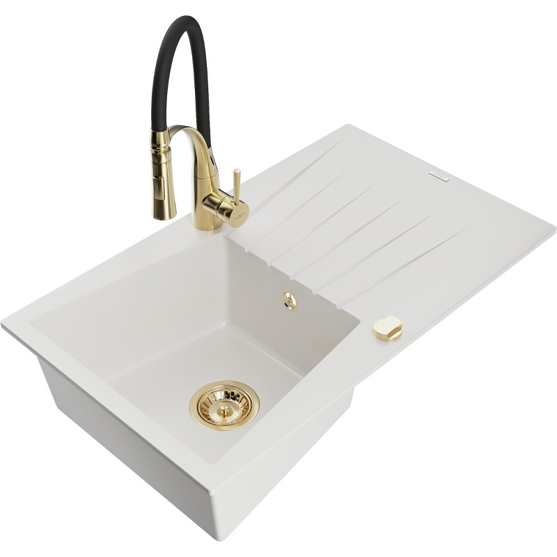 Mexen Cesar granite kitchen sink 1-bowl with drainer and Aster kitchen faucet, white - 6514-20-73450-57-G