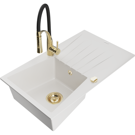 Mexen Cesar 1-compartment granite sink with a drip tray and kitchen mixer tap Aster, White - 6514-20-73450-57-G