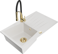 Mexen Cesar 1-bowl granite sink with drainer and Aster kitchen faucet, white - 6514-20-73450-57-G