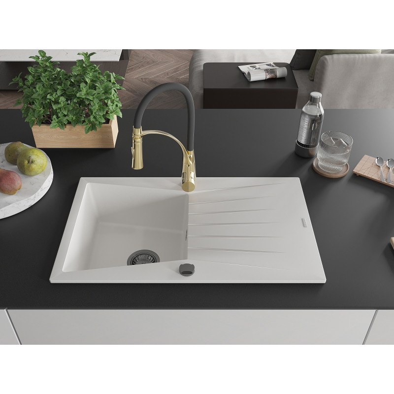 Mexen Cesar 1-Bowl Granite Sink with Drainer and Aster Kitchen Faucet, White - 6514-20-73450-57-B