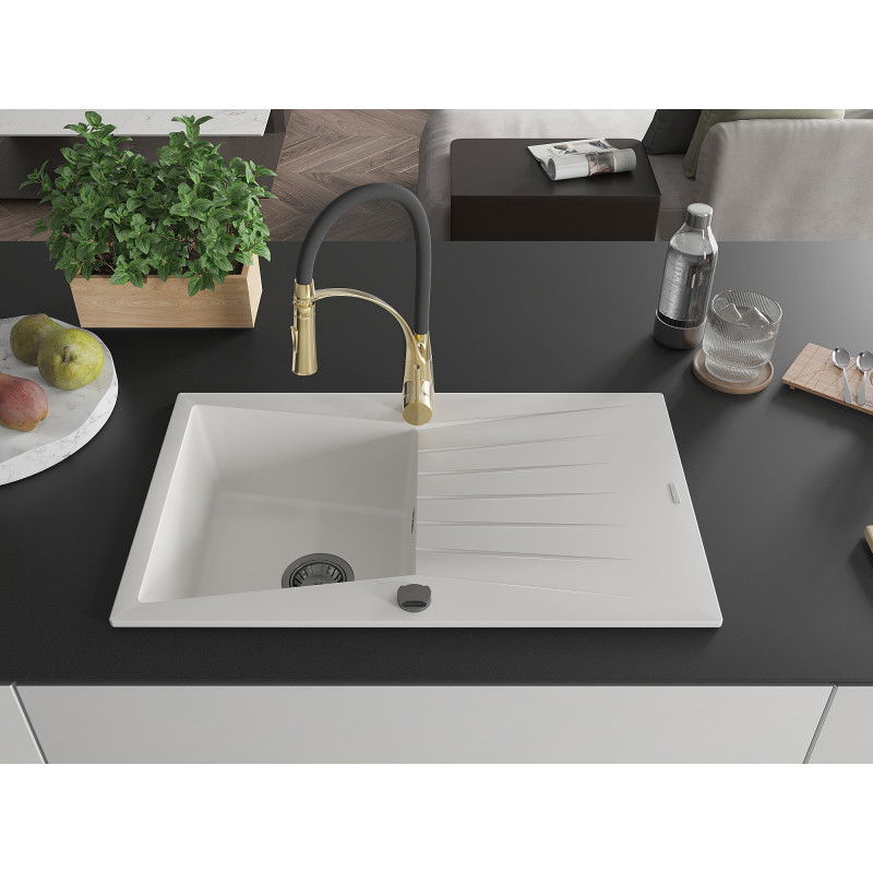 Mexen Cesar granite sink 1-bowl with drainer and Aster kitchen tap, white - 6514-20-73450-57-B