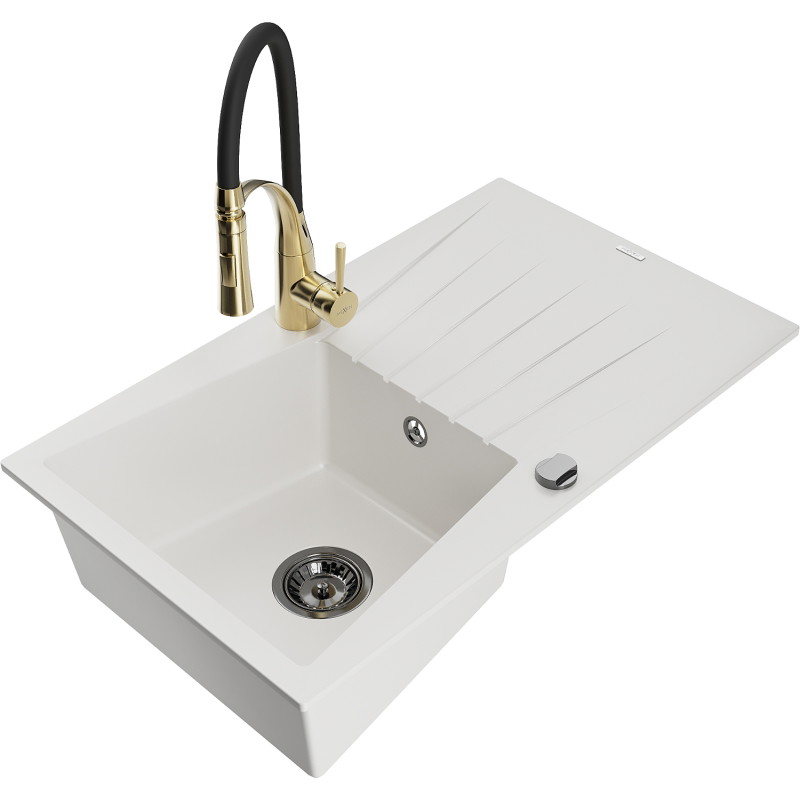 Mexen Cesar 1-Bowl Granite Sink with Drainer and Aster Kitchen Faucet, White - 6514-20-73450-57-B