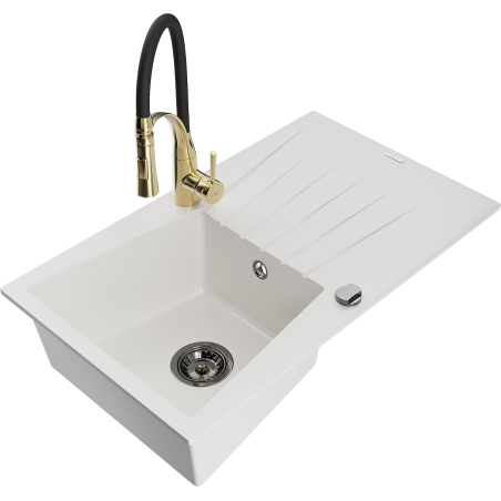 Mexen Cesar 1-compartment granite sink with a drip tray and kitchen mixer tap Aster, White - 6514-20-73450-57-B