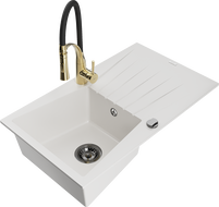 Mexen Cesar granite sink 1-bowl with drainer and Aster kitchen tap, white - 6514-20-73450-57-B