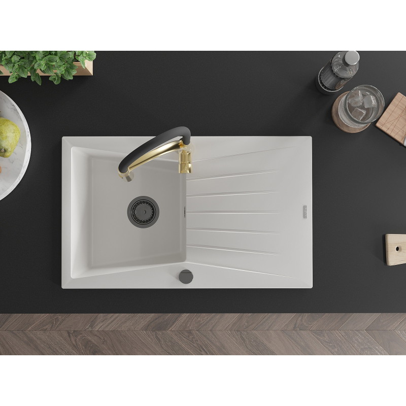 Mexen Cesar 1-Bowl Granite Sink with Drainer and Aster Kitchen Faucet, White - 6514-20-73450-57-B