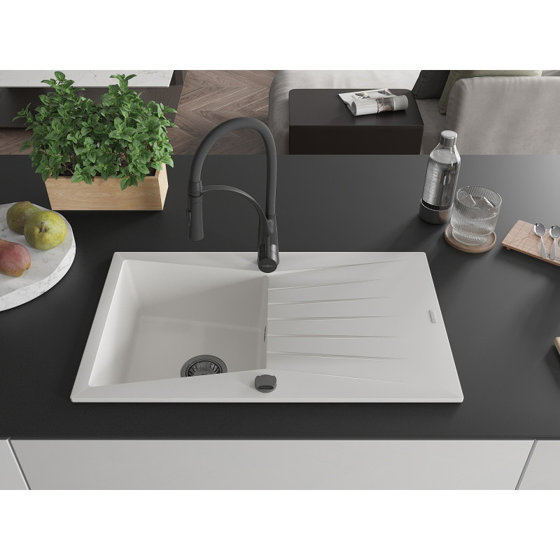 Mexen Cesar 1-Bowl Granite Sink with Drainer and Aster Kitchen Faucet, White - 6514-20-73450-70-B
