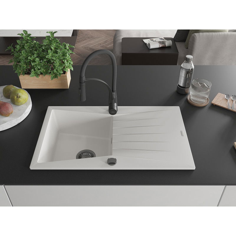 Mexen Cesar 1-bowl granite sink with drainer and Aster kitchen tap, white - 6514-20-73450-70-B