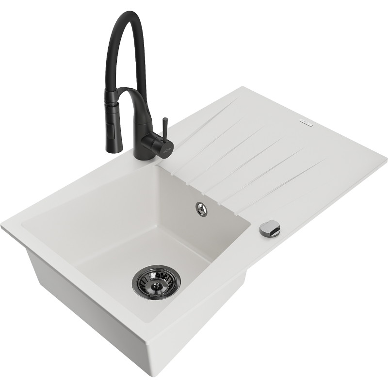 Mexen Cesar 1-bowl granite kitchen sink with drainer and Aster kitchen faucet, white - 6514-20-73450-70-B