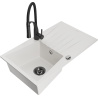 Mexen Cesar 1-bowl granite kitchen sink with drainer and Aster kitchen faucet, white - 6514-20-73450-70-B
