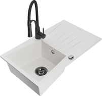 Mexen Cesar 1-bowl granite kitchen sink with drainer and Aster kitchen faucet, white - 6514-20-73450-70-B