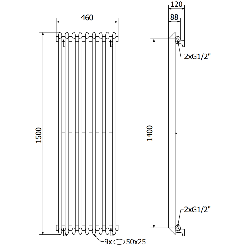 Mexen Atlanta decorative radiator 1500 x 460 mm, 894 W, black - W211-1500-460-00-70