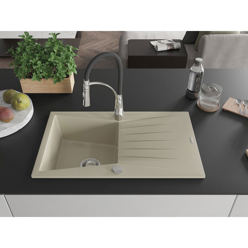 Mexen Cesar single-bowl granite sink with drainer and Aster kitchen tap, beige - 6514-69-73450-07