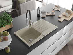Mexen Cesar 1-compartment granite sink with a drip tray and kitchen mixer tap Aster, Beige - 6514-69-73450-07