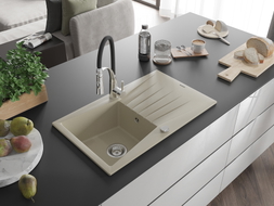 Mexen Cesar granite single-bowl sink with drainer and Aster kitchen faucet, beige - 6514-69-73450-07
