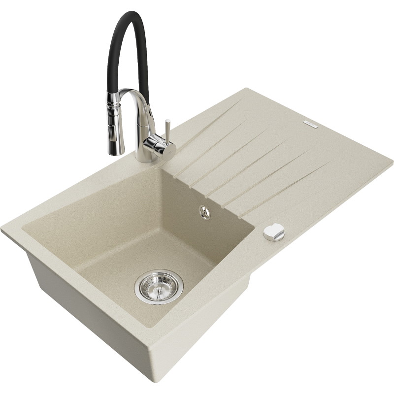 Mexen Cesar 1-bowl granite sink with drainer and Aster kitchen faucet, beige - 6514-69-73450-07