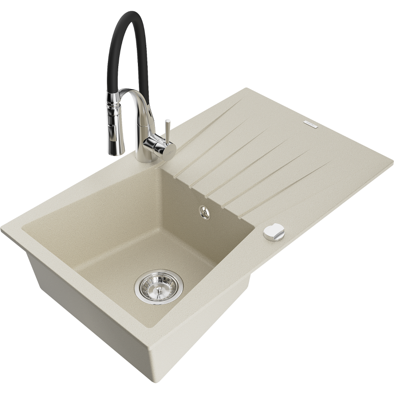 Mexen Cesar single-bowl granite sink with drainer and Aster kitchen tap, beige - 6514-69-73450-07