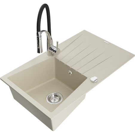 Mexen Cesar granite single-bowl sink with drainer and Aster kitchen faucet, beige - 6514-69-73450-07