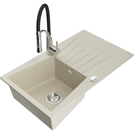Mexen Cesar single-bowl granite sink with drainer and Aster kitchen tap, beige - 6514-69-73450-07