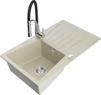 Mexen Cesar 1-compartment granite sink with a drip tray and kitchen mixer tap Aster, Beige - 6514-69-73450-07