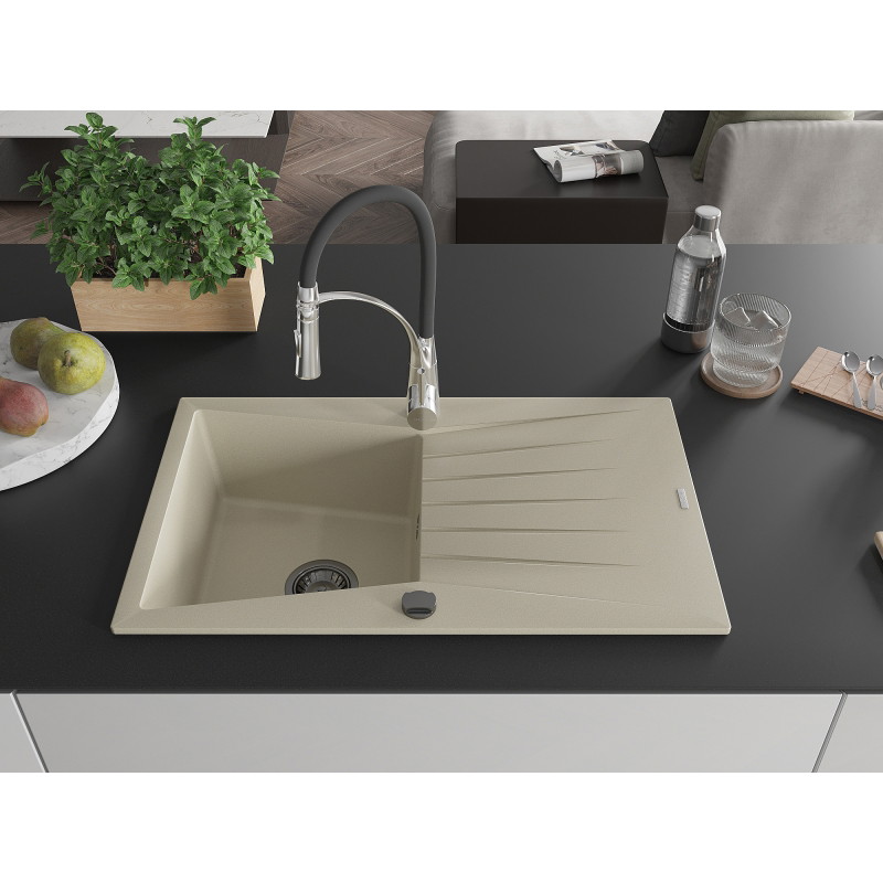 Mexen Cesar 1-bowl granite kitchen sink with drainer and Aster kitchen faucet, beige - 6514-69-73450-07-B