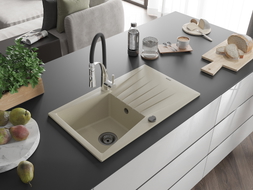 Mexen Cesar 1-bowl granite kitchen sink with drainer and Aster kitchen faucet, beige - 6514-69-73450-07-B