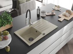 Mexen Cesar 1-compartment granite sink with a drip tray and kitchen mixer tap Aster, Beige - 6514-69-73450-07-B