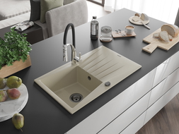 Mexen Cesar single-bowl granite sink with drainer and Aster kitchen tap, beige - 6514-69-73450-07-B