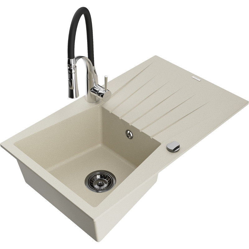 Mexen Cesar 1-bowl granite kitchen sink with drainer and Aster kitchen faucet, beige - 6514-69-73450-07-B