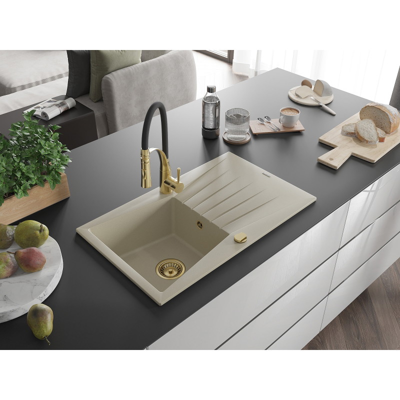 Mexen Cesar 1-bowl Granite Sink with Drainer and Aster Kitchen Faucet, Beige - 6514-69-73450-57-G