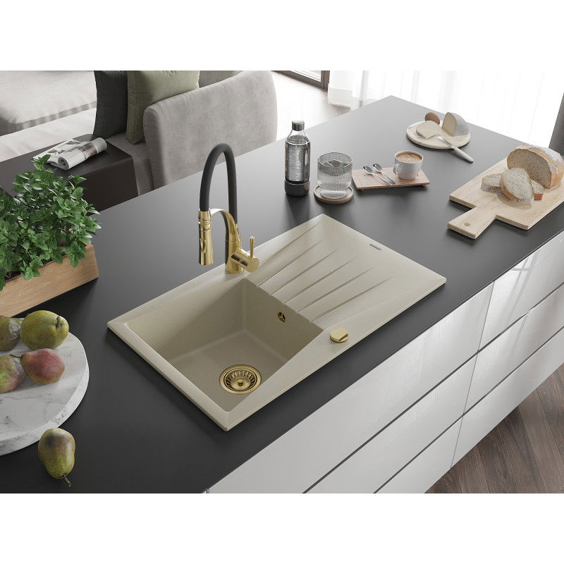 Mexen Cesar granite sink with 1 basin, drainer, and Aster kitchen tap, beige - 6514-69-73450-57-G