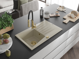 Mexen Cesar 1-Bowl Granite Sink with Drainer and Aster Kitchen Faucet, Beige - 6514-69-73450-57-G