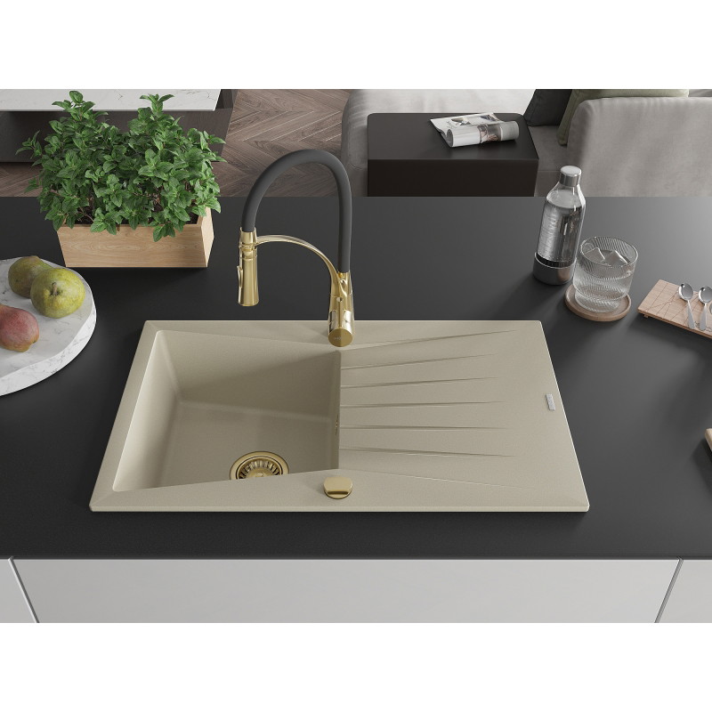 Mexen Cesar 1-bowl Granite Sink with Drainer and Aster Kitchen Faucet, Beige - 6514-69-73450-57-G