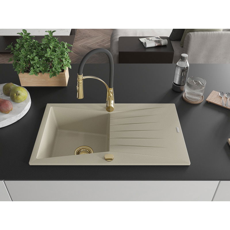 Mexen Cesar granite sink with 1 basin, drainer, and Aster kitchen tap, beige - 6514-69-73450-57-G
