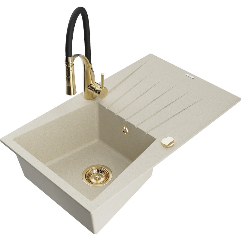 Mexen Cesar 1-bowl Granite Sink with Drainer and Aster Kitchen Faucet, Beige - 6514-69-73450-57-G