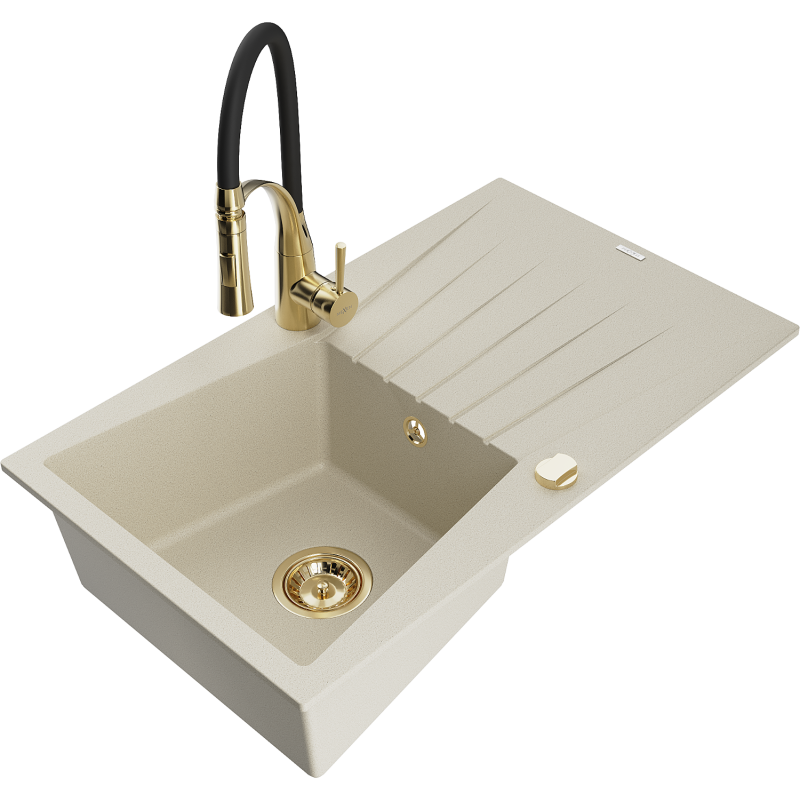 Mexen Cesar granite sink with 1 basin, drainer, and Aster kitchen tap, beige - 6514-69-73450-57-G